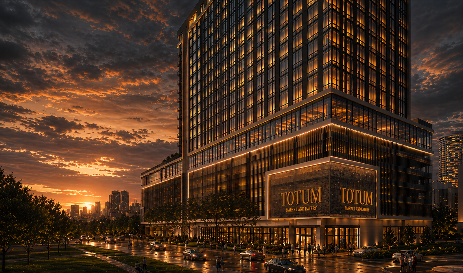Exterior Rending of High Rise at Sunset