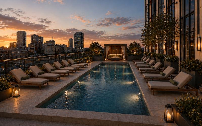 a pool with lounge chairs around it