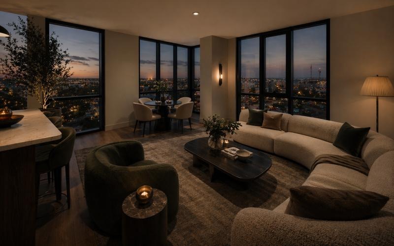 a living room with a large window